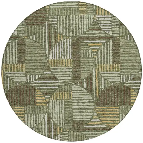 8' Olive Green And Khaki Round Geometric Washable Indoor Outdoor Area Rug Photo 3