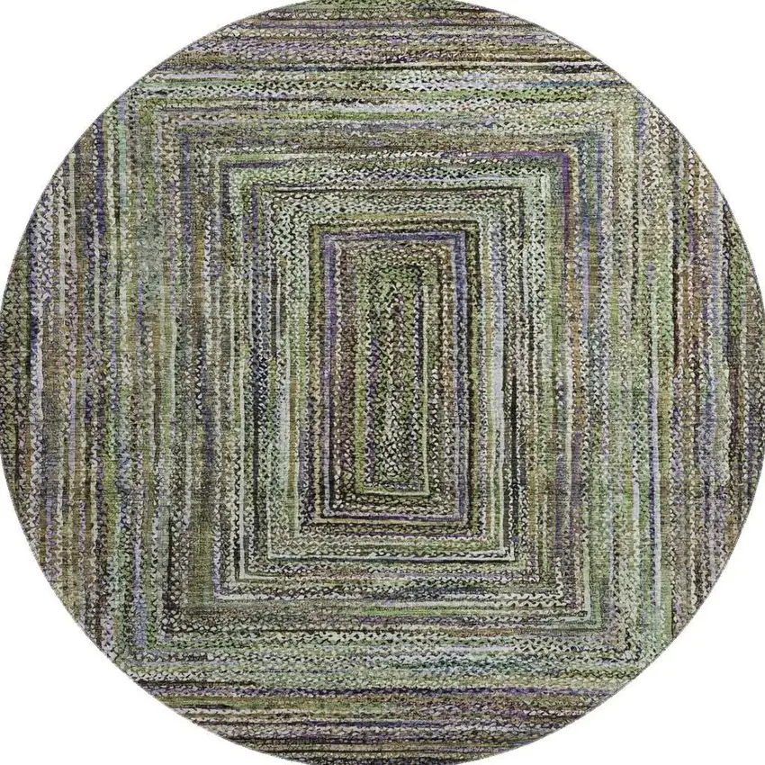 8' Olive Green And Lavender Geometric Washable Round Rug With UV Protection Photo 3