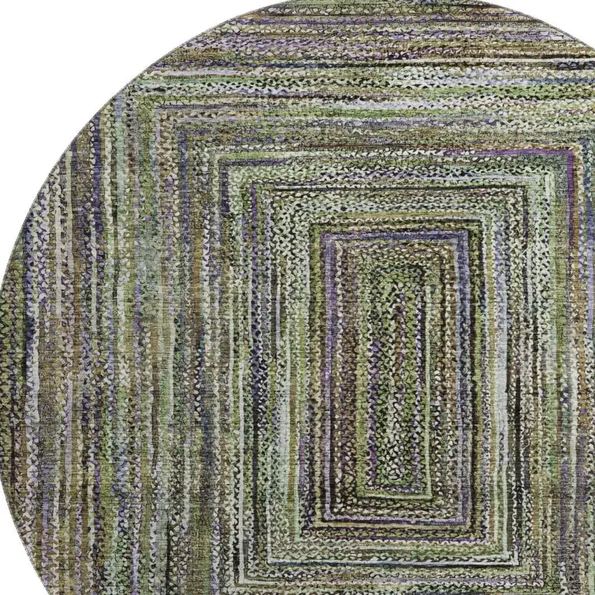 8' Olive Green And Lavender Geometric Washable Round Rug With UV Protection Photo 3