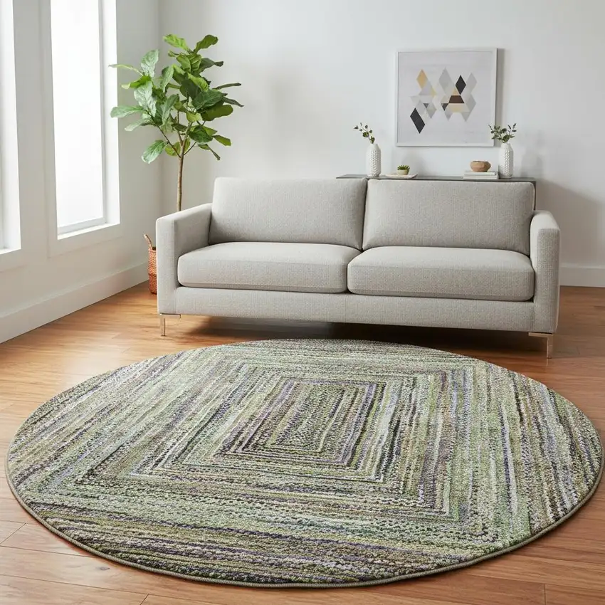 8' Olive Green And Lavender Geometric Washable Round Rug With UV Protection Photo 2