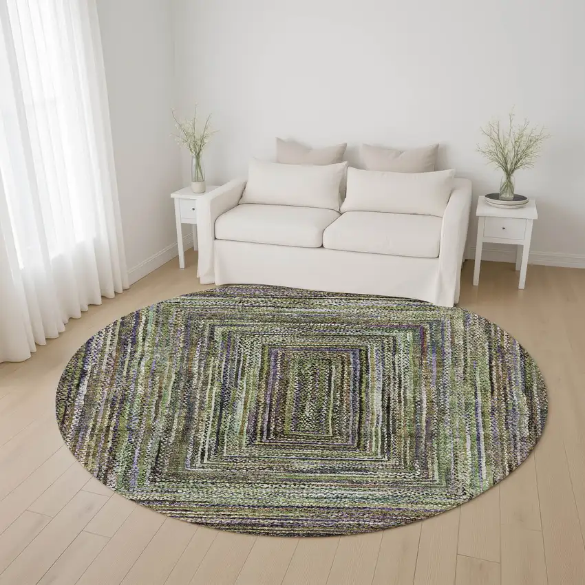 8' Olive Green And Lavender Geometric Washable Round Rug With UV Protection Photo 4