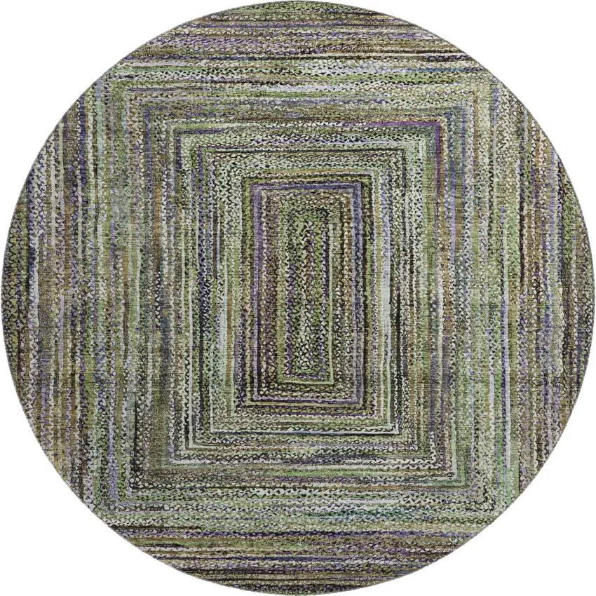 8' Olive Green And Lavender Geometric Washable Round Rug With UV Protection Photo 1