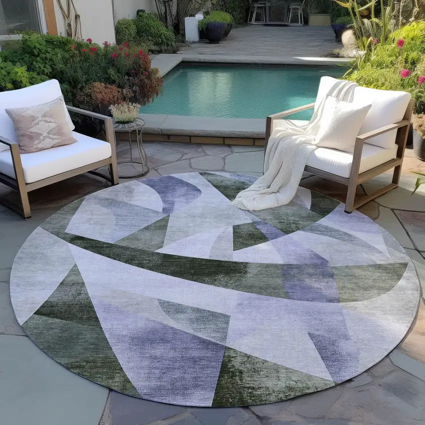 8' Olive Green And Lavender Round Abstract Washable Indoor Outdoor Area Rug Photo 5
