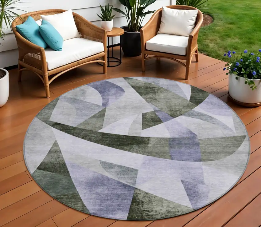 8' Olive Green And Lavender Round Abstract Washable Indoor Outdoor Area Rug Photo 2