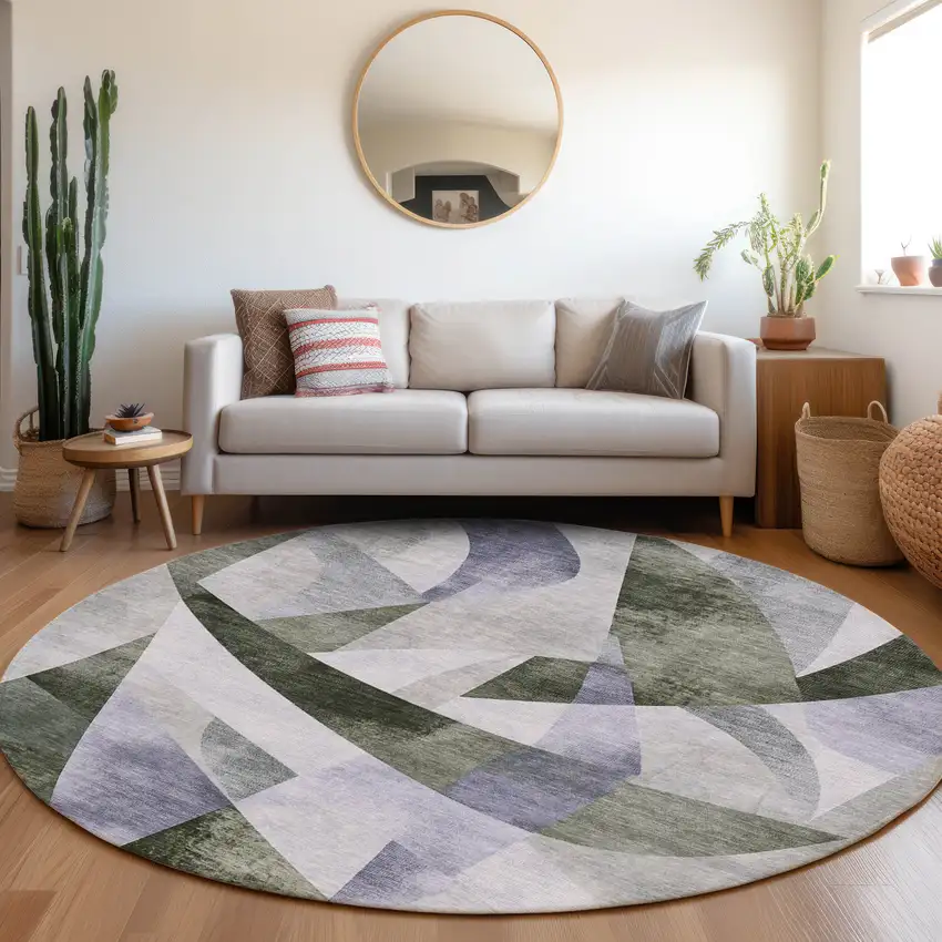 8' Olive Green And Lavender Round Abstract Washable Indoor Outdoor Area Rug Photo 6