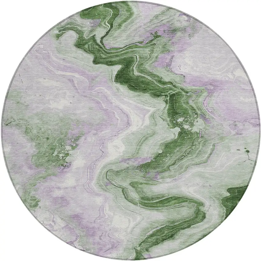 8' Olive Green And Lavender Round Abstract Washable Indoor Outdoor Area Rug Photo 1