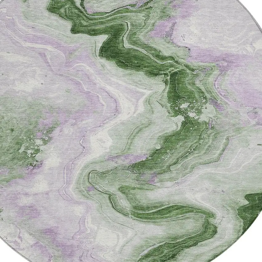 8' Olive Green And Lavender Round Abstract Washable Indoor Outdoor Area Rug Photo 4