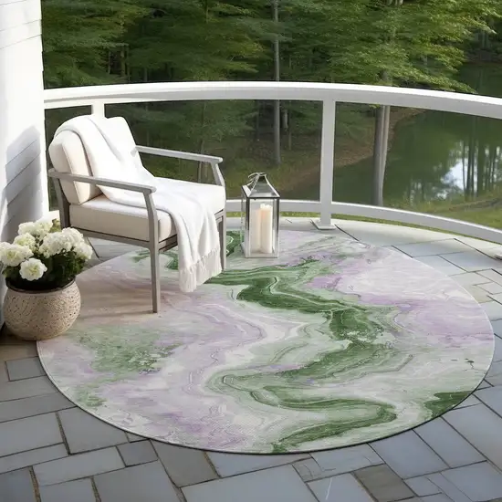 8' Olive Green And Lavender Round Abstract Washable Indoor Outdoor Area Rug Photo 5