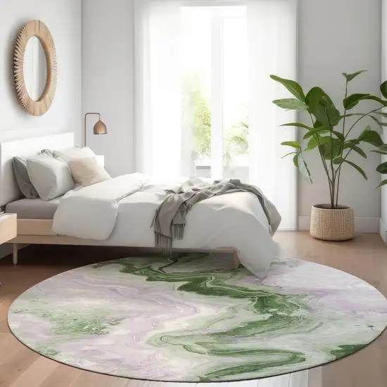 8' Olive Green And Lavender Round Abstract Washable Indoor Outdoor Area Rug Photo 6