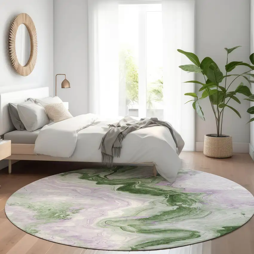 8' Olive Green And Lavender Round Abstract Washable Indoor Outdoor Area Rug Photo 6