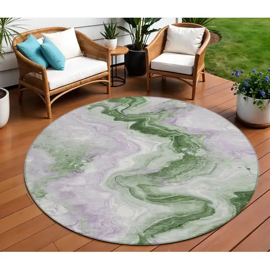 8' Olive Green And Lavender Round Abstract Washable Indoor Outdoor Area Rug Photo 2