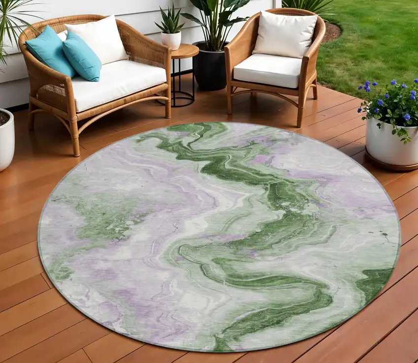 8' Olive Green And Lavender Round Abstract Washable Indoor Outdoor Area Rug Photo 2