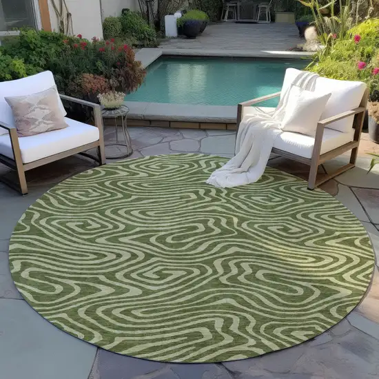 8' Olive Green And Light Green Round Abstract Washable Indoor Outdoor Area Rug Photo 6