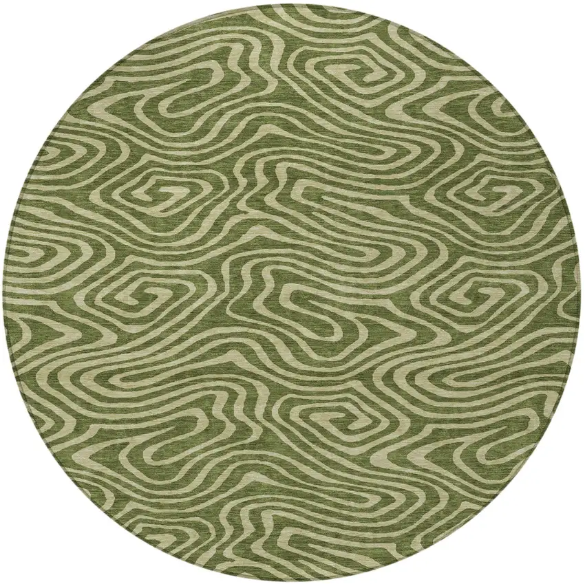 8' Olive Green And Light Green Round Abstract Washable Indoor Outdoor Area Rug Photo 5