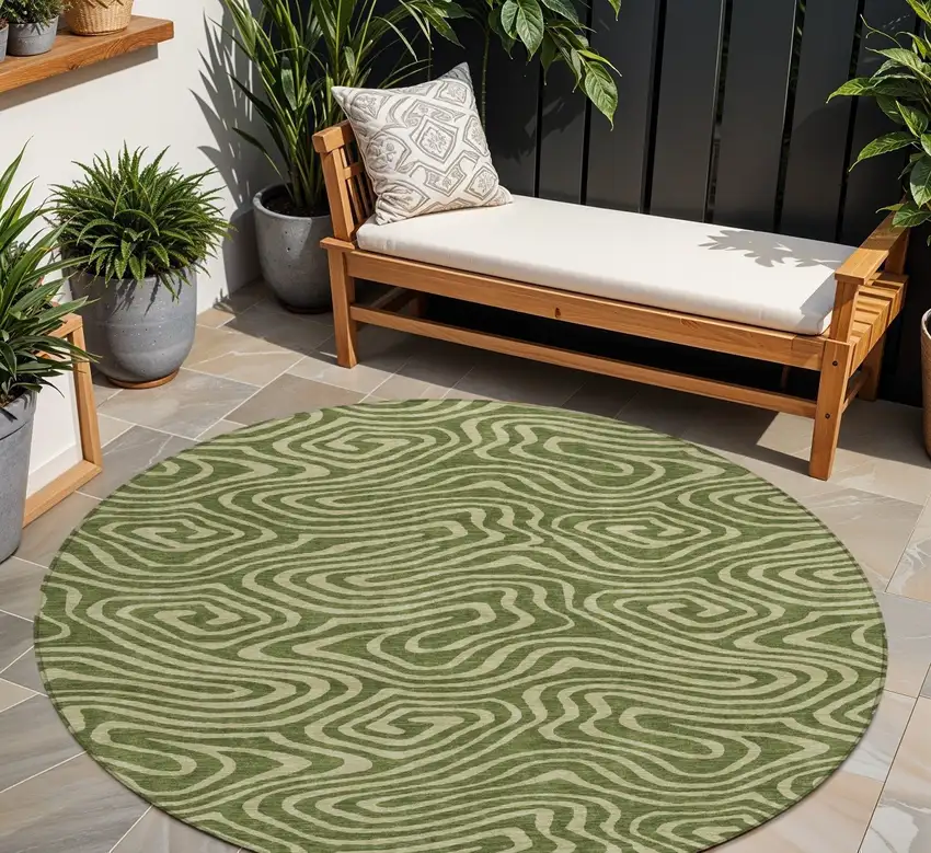 8' Olive Green And Light Green Round Abstract Washable Indoor Outdoor Area Rug Photo 1