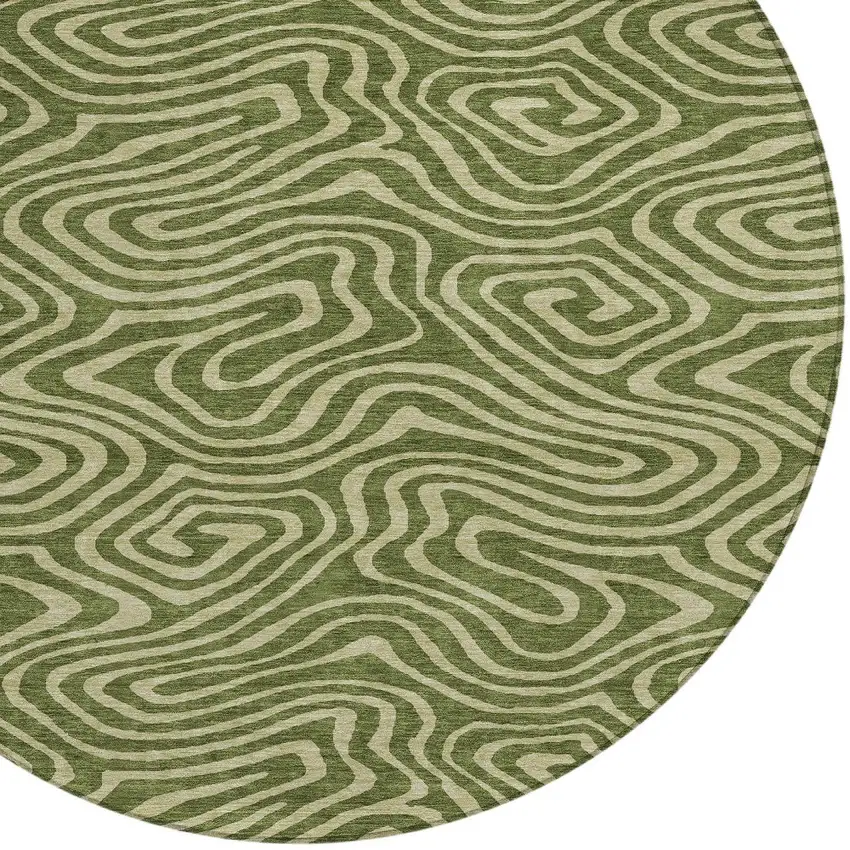 8' Olive Green And Light Green Round Abstract Washable Indoor Outdoor Area Rug Photo 4