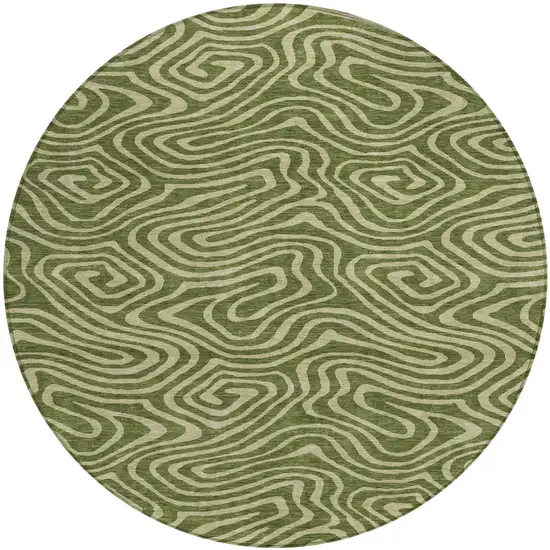 8' Olive Green And Light Green Round Abstract Washable Indoor Outdoor Area Rug Photo 2