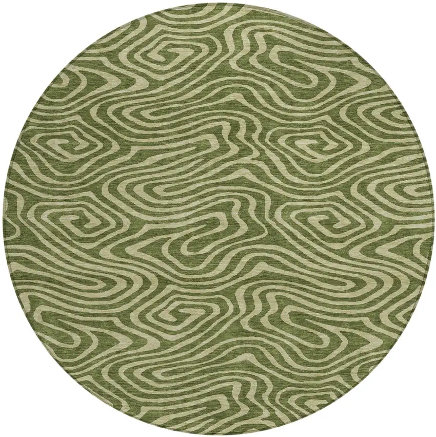 8' Olive Green And Light Green Round Abstract Washable Indoor Outdoor Area Rug Photo 2