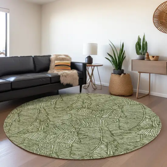 8' Olive Green And Light Green Round Floral Washable Indoor Outdoor Area Rug Photo 7