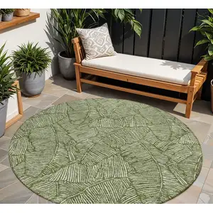 Photo of 8' Olive Green And Light Green Round Floral Washable Indoor Outdoor Area Rug