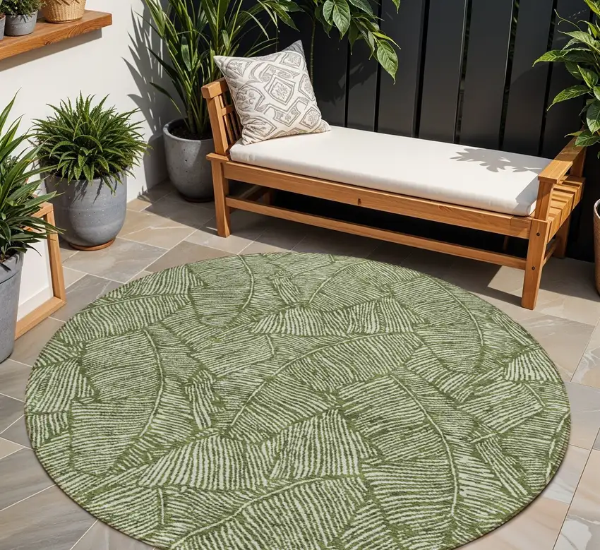8' Olive Green And Light Green Round Floral Washable Indoor Outdoor Area Rug Photo 1