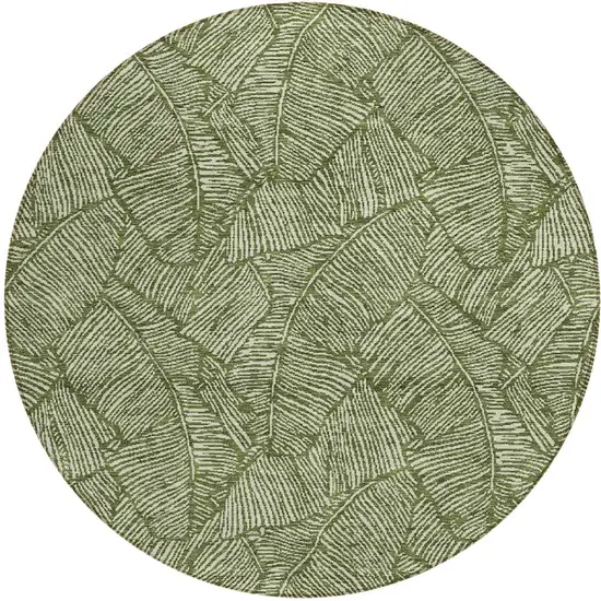8' Olive Green And Light Green Round Floral Washable Indoor Outdoor Area Rug Photo 5