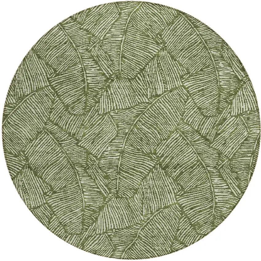 8' Olive Green And Light Green Round Floral Washable Indoor Outdoor Area Rug Photo 5