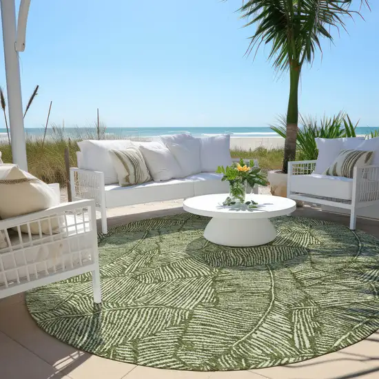 8' Olive Green And Light Green Round Floral Washable Indoor Outdoor Area Rug Photo 6