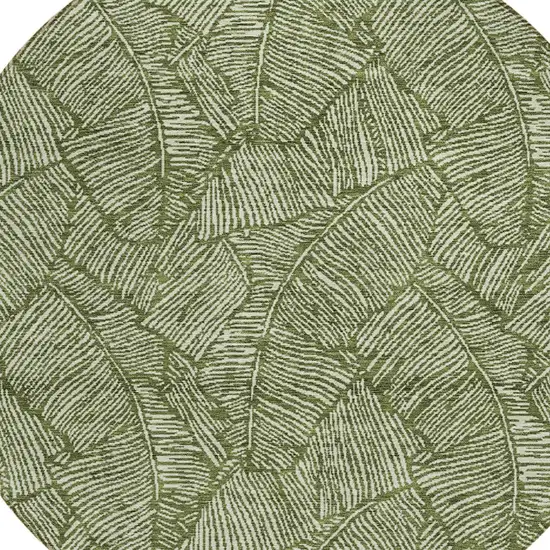 8' Olive Green And Light Green Round Floral Washable Indoor Outdoor Area Rug Photo 4