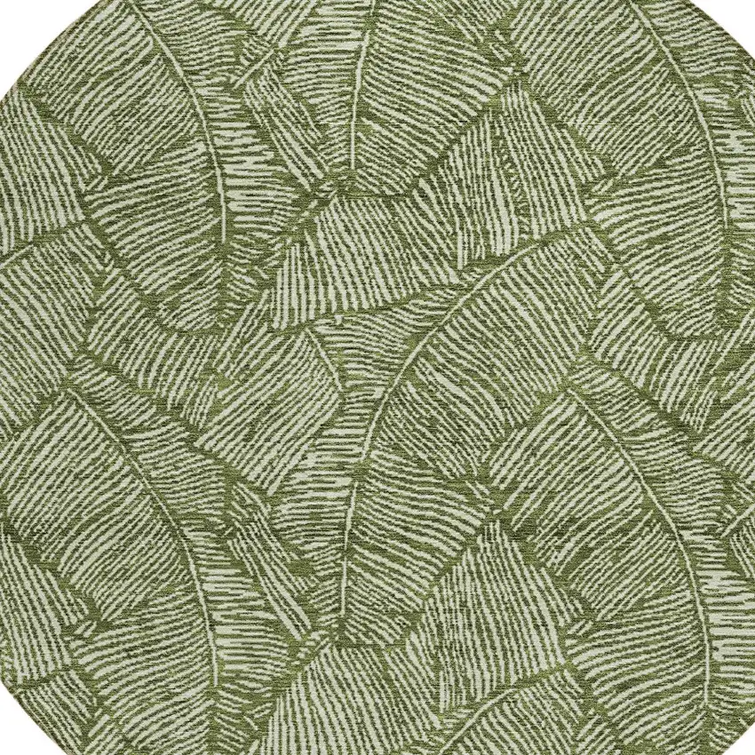 8' Olive Green And Light Green Round Floral Washable Indoor Outdoor Area Rug Photo 4