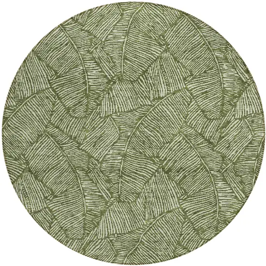8' Olive Green And Light Green Round Floral Washable Indoor Outdoor Area Rug Photo 2