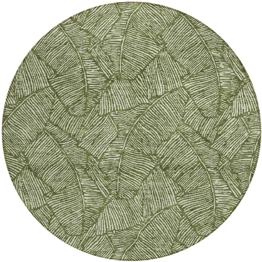 8' Olive Green And Light Green Round Floral Washable Indoor Outdoor Area Rug Photo 2
