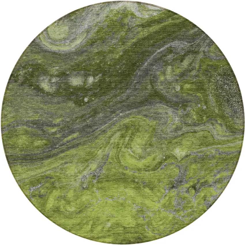 8' Olive Green And Lime Green Round Abstract Washable Indoor Outdoor Area Rug Photo 2