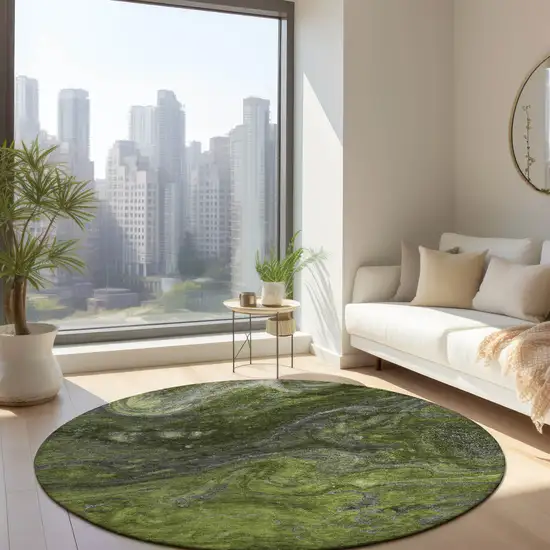 8' Olive Green And Lime Green Round Abstract Washable Indoor Outdoor Area Rug Photo 7