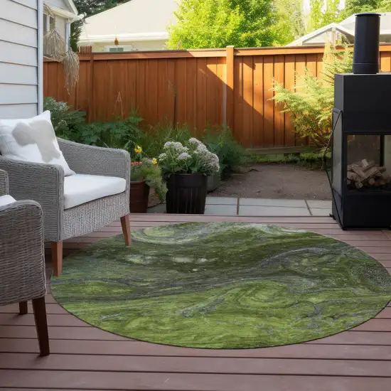 8' Olive Green And Lime Green Round Abstract Washable Indoor Outdoor Area Rug Photo 6