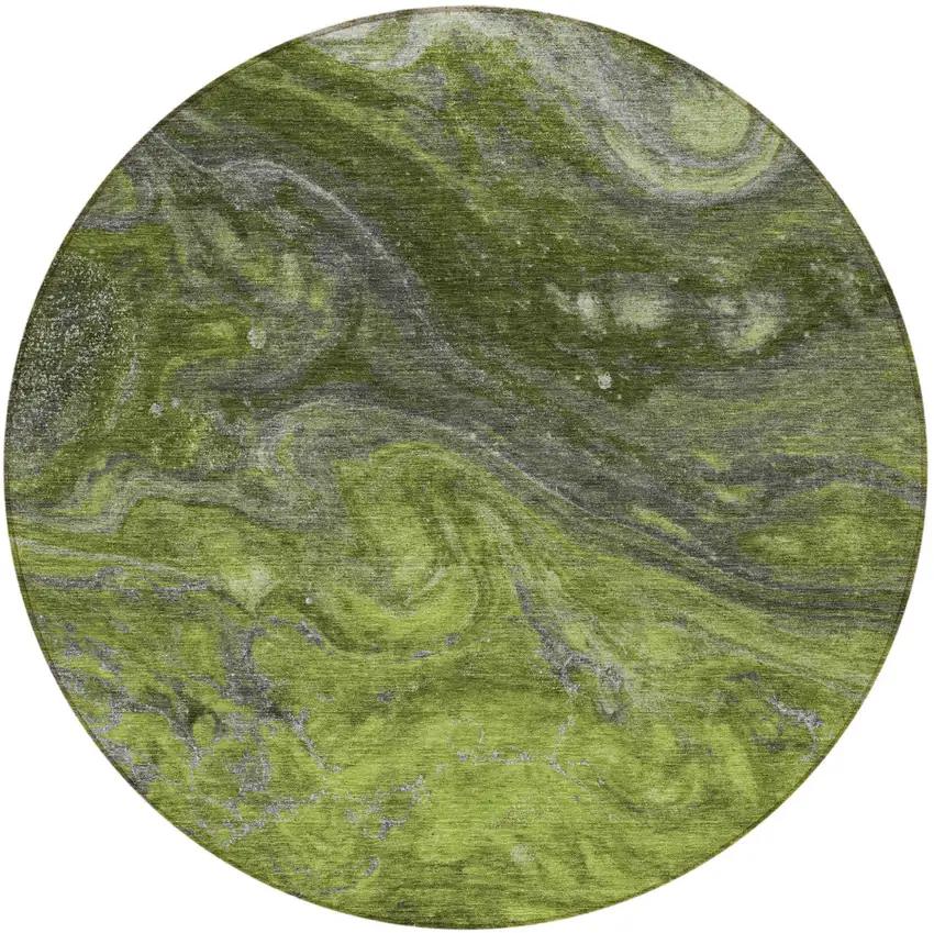 8' Olive Green And Lime Green Round Abstract Washable Indoor Outdoor Area Rug Photo 5
