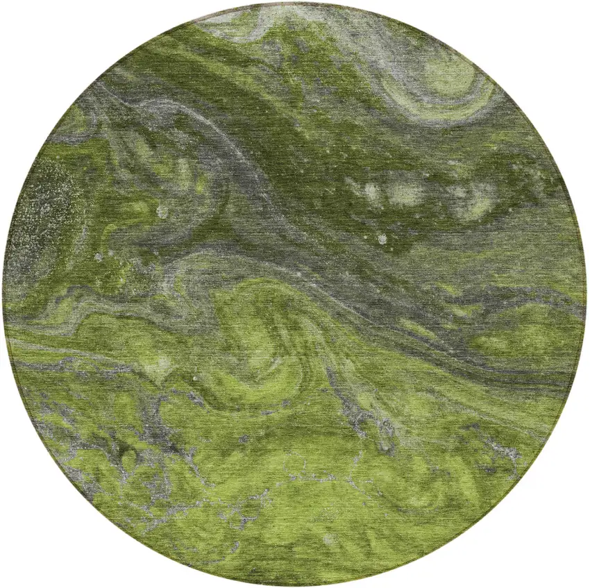 8' Olive Green And Lime Green Round Abstract Washable Indoor Outdoor Area Rug Photo 5