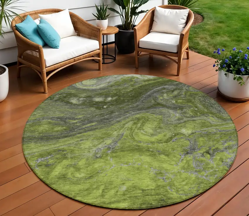 8' Olive Green And Lime Green Round Abstract Washable Indoor Outdoor Area Rug Photo 1