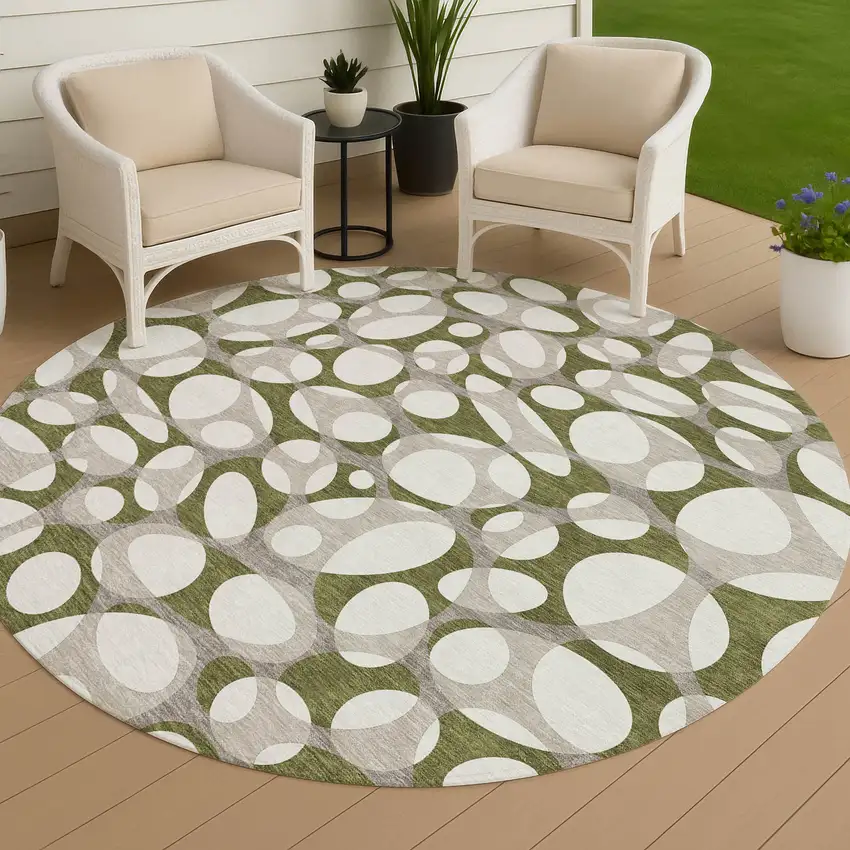8' Olive Green And Linen Round Abstract Washable Indoor Outdoor Area Rug Photo 4