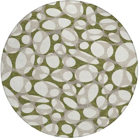 8' Olive Green And Linen Round Abstract Washable Indoor Outdoor Area Rug Photo 3