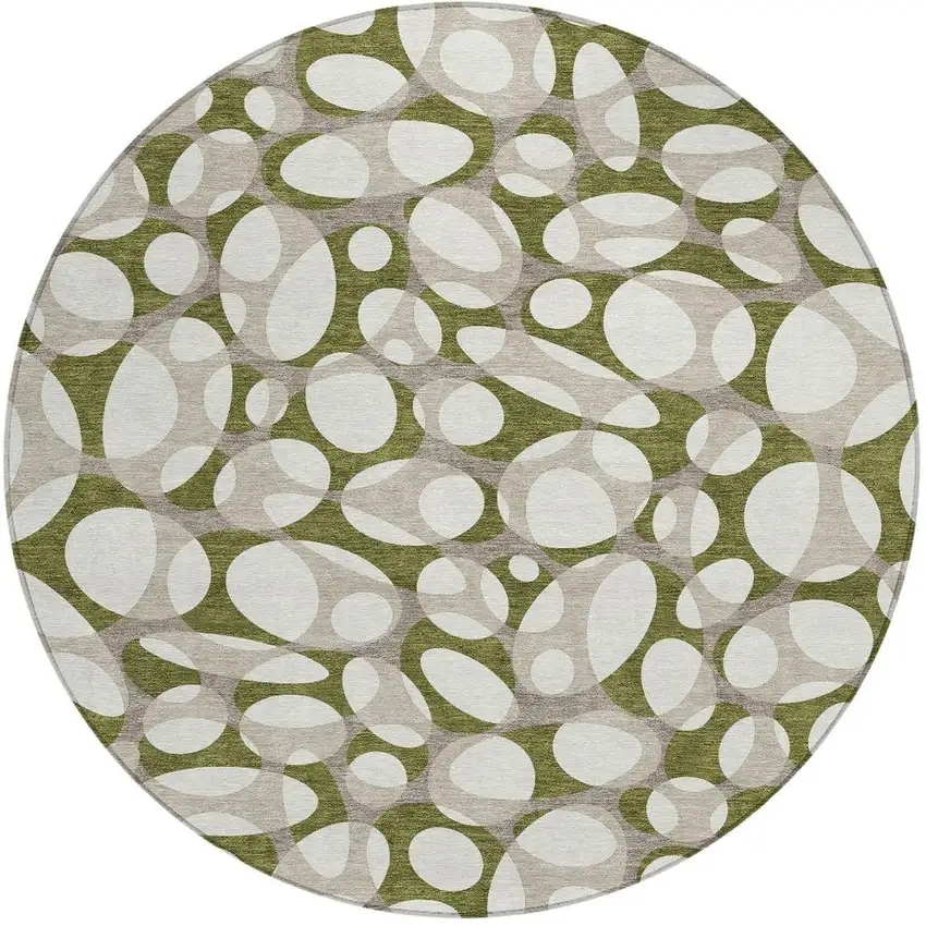 8' Olive Green And Linen Round Abstract Washable Indoor Outdoor Area Rug Photo 3