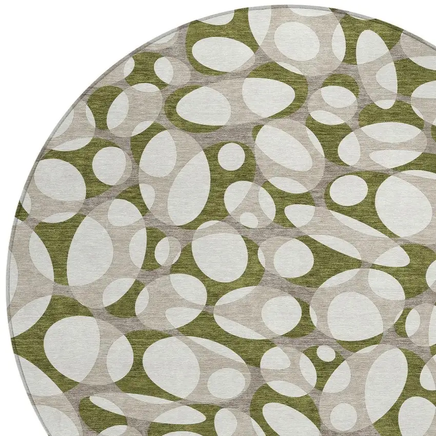 8' Olive Green And Linen Round Abstract Washable Indoor Outdoor Area Rug Photo 2