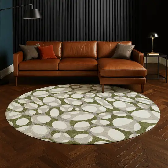 8' Olive Green And Linen Round Abstract Washable Indoor Outdoor Area Rug Photo 5