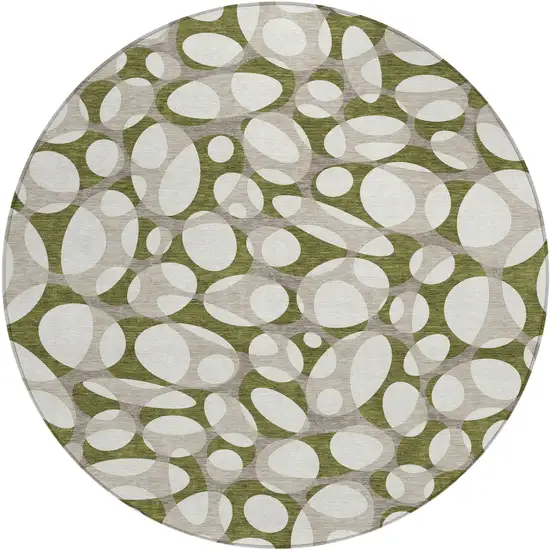 8' Olive Green And Linen Round Abstract Washable Indoor Outdoor Area Rug Photo 1