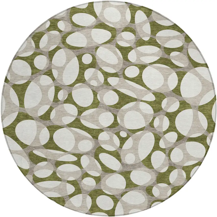 8' Olive Green And Linen Round Abstract Washable Indoor Outdoor Area Rug Photo 1