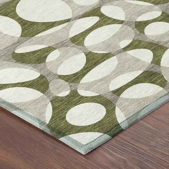 8' Olive Green And Linen Round Abstract Washable Indoor Outdoor Area Rug Photo 6
