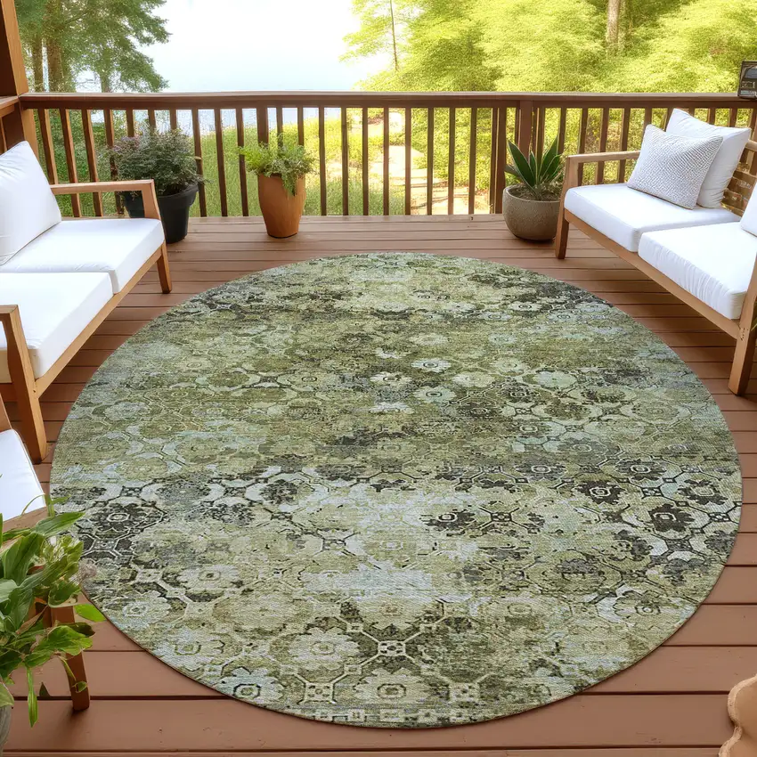 8' Olive Green And Mint Green Round Abstract Washable Indoor Outdoor Area Rug Photo 4