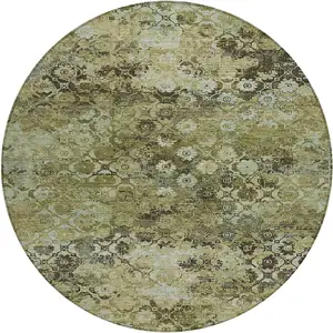 Photo of 8' Olive Green And Mint Green Round Abstract Washable Indoor Outdoor Area Rug