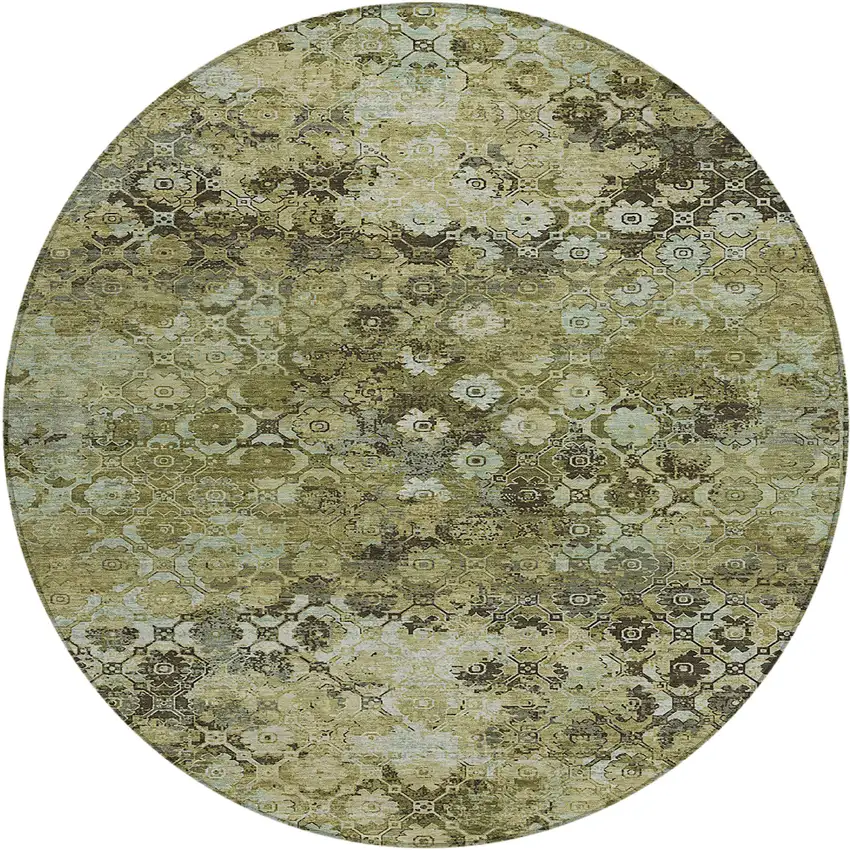 8' Olive Green And Mint Green Round Abstract Washable Indoor Outdoor Area Rug Photo 1