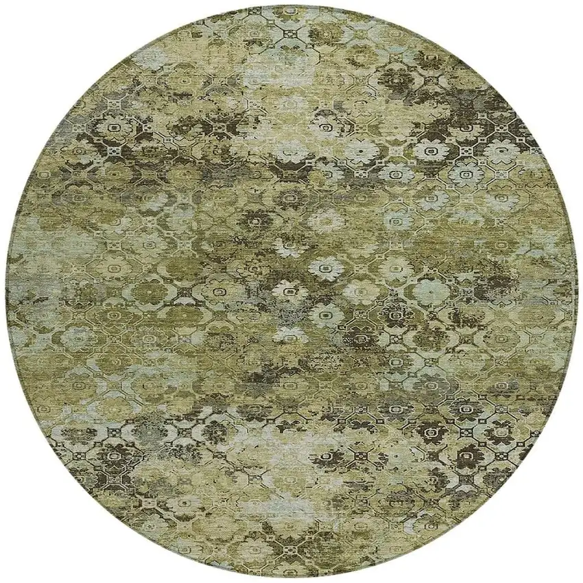8' Olive Green And Mint Green Round Abstract Washable Indoor Outdoor Area Rug Photo 3